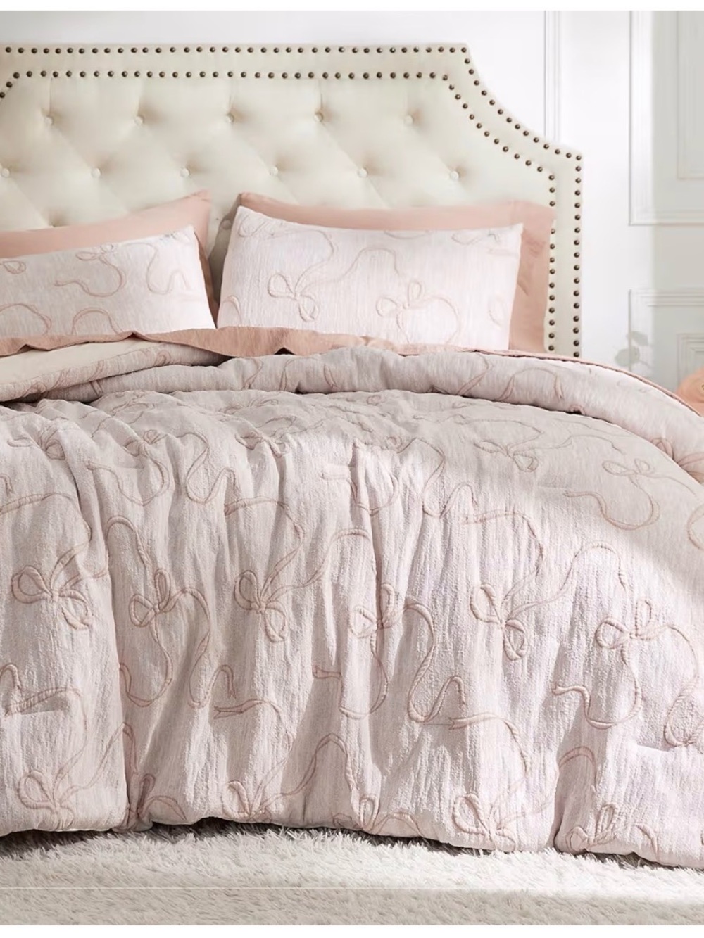 Blush Pink Quilted FULL Comforter Set - Elegant Bow Stitching NIB
